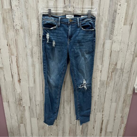 FRAME Le High Skinny Crop Jeans Distressed Step Raw Hem - Picture 1 of 9
